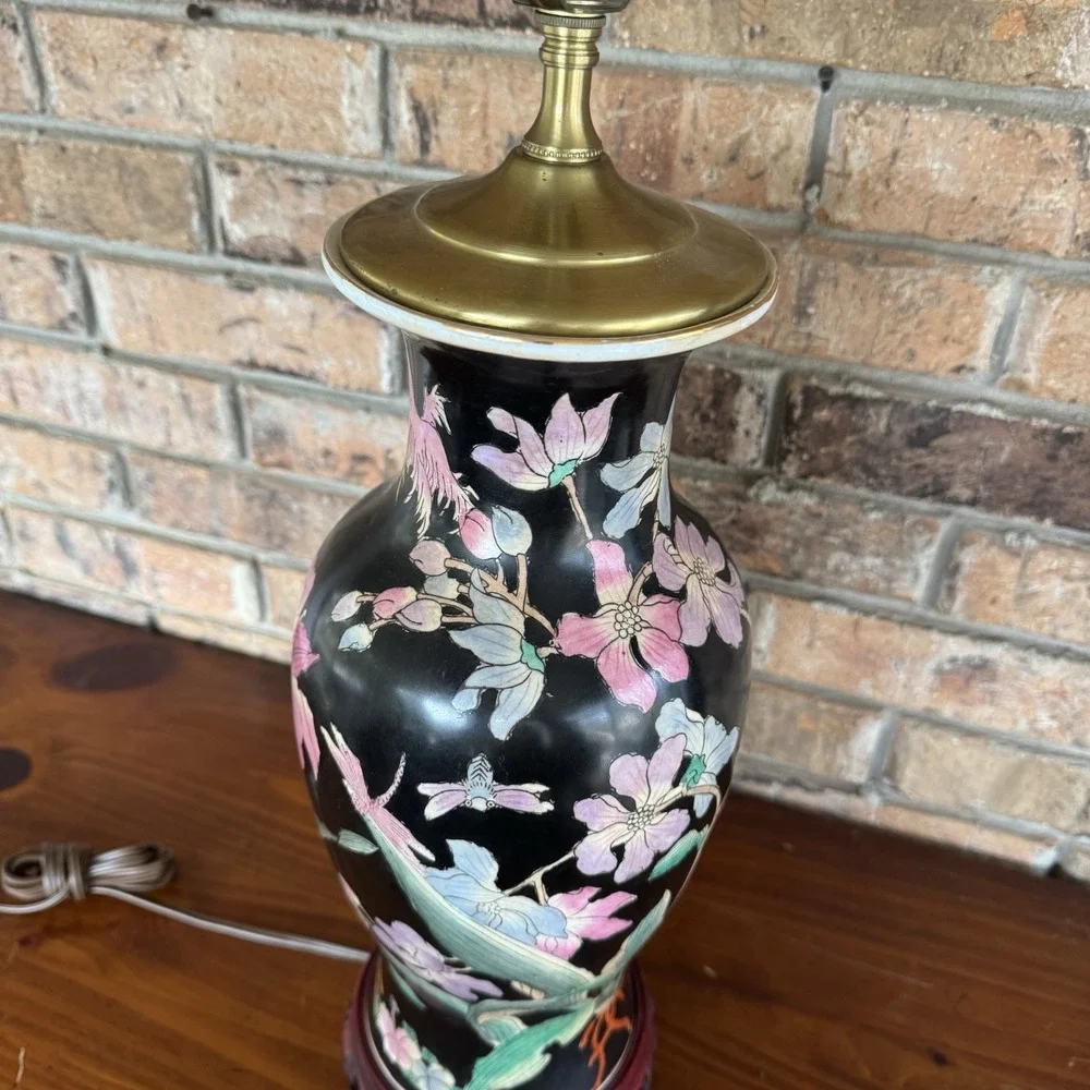 Vintage Famille Noire Style Asian Water Lily Black Floral Porcelain Brass Lamp